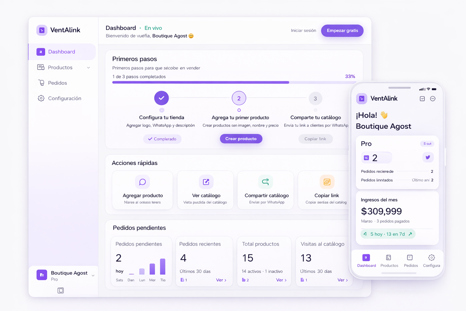 Panel de control de VentAlink mostrando pedidos y estadísticas del negocio en computadora